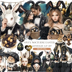 Aquarell Onyx Nocturne Ostern Bundle, Gothic Frühling ClipArt PNG, Schwarz Gold Dark Ostern, Halloween Dark Academia, DigitalDownload Aufkleber