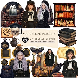 Acuarela Nocturne Prep Society PNG ClipArt, Dark Academia Clip Art, Colegiala oscura, Estudiante preppy, Chica gótica PNG, Dormitorio romántico