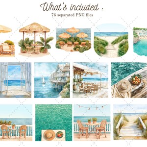 May include: A collection of watercolor illustrations featuring beach scenes, including a beach house, a cafe, a wooden walkway, and a view from a window. The illustrations are perfect for creating digital or printed designs.