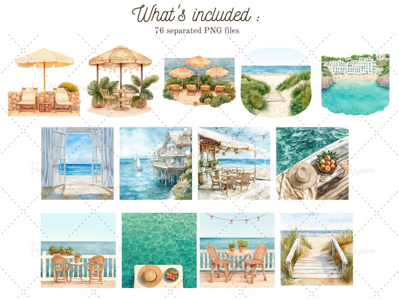 May include: A collection of watercolor illustrations featuring beach scenes, including a beach house, a cafe, a wooden walkway, and a view from a window. The illustrations are perfect for creating digital or printed designs.