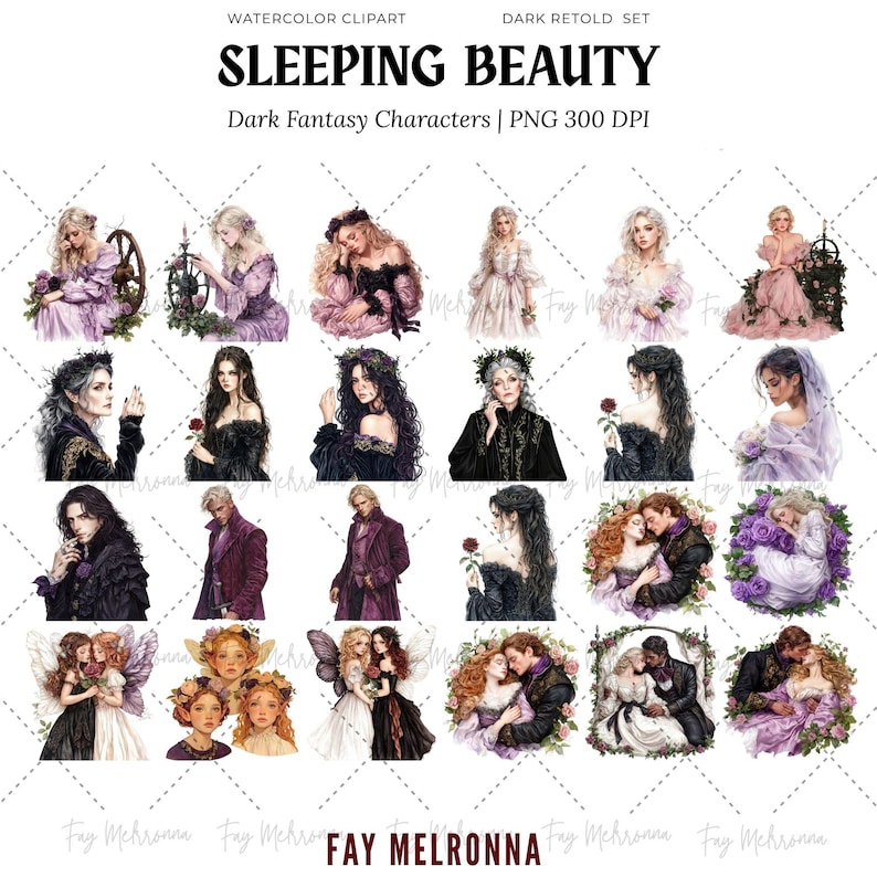 Puede incluir: Una colecci&oacute;n de ilustraciones de clipart en acuarela con personajes de fantas&iacute;a oscura. Las im&aacute;genes incluyen figuras en varias poses, vestidas con atuendos g&oacute;ticos y rom&aacute;nticos, con elementos florales y decorativos. El texto dice "SLEEPING BEAUTY".