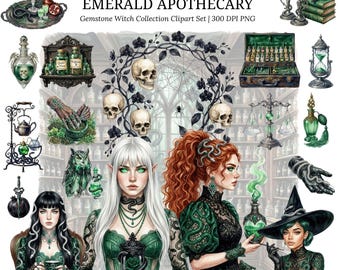 Clipart di speziale smeraldo ad acquerello, pietra preziosa gotica, pietra portafortuna di maggio PNG, bottiglia di pozione, gioielli, erborista, regina dea, adesivo Wicca