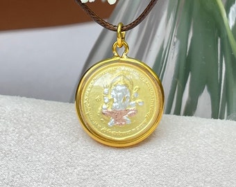Lucky Pendant Ganesha (Phra Phikkhanet) very small Amulet Thai talisman with Velvet bag String Necklace and Prayer guide