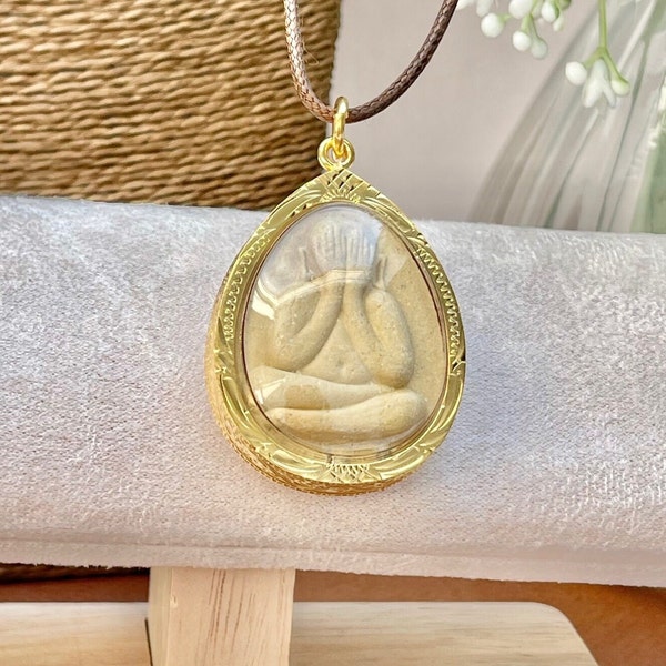 Protection and well-being (Phra Pid Ta) Thai amulet talisman pendant necklace with gift bag and prayer guide Creamy color