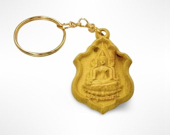 Buddha Key Ring Phra Phutthachinnaraj Happy Life amulet Thai Talisman with Prayer guide, Velvet gift bag