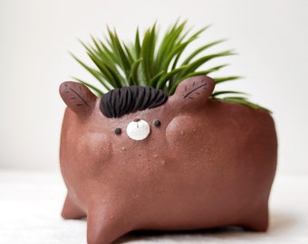 Brown chubby cheeks cute planter. Handmade plant pot with drainage hole. Cactus pot, Succulent planter, Cute planter, Gift for a plant lover