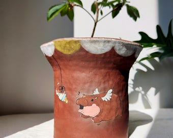 Handmade Clay Planter: Flying Hippo Design, Brown pot with Drainage Hole