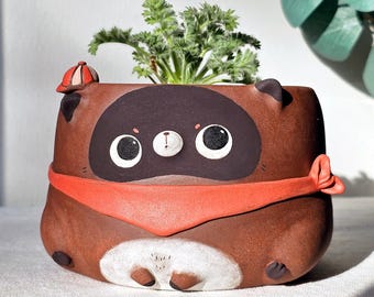 Handmade raccoon Planter. Dark brown clay pot for Succulent & Cactus
