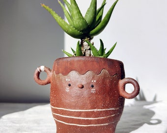 Cute brown tribal character planter, Wonka. Handmade plant pot with drainage hole. Cactus pot, Succulent planter, Cute planter