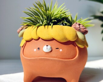 Yellow Petal the planter. Handmade pot with drainage hole. Cactus and succulent planter, Cute clay plant pot.