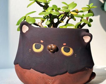 Handgjord kattplanter, svart kattplanterkruka.