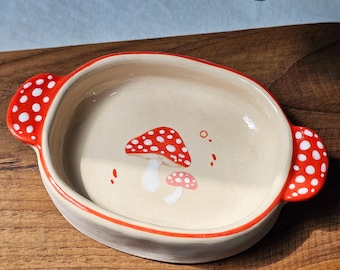 Handmade Ceramic mushroom jewelry dish with handles
