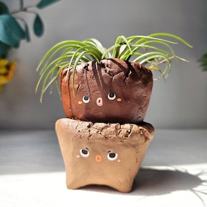 Set of 2 small face pots. Handmade terracotta planter with drainage hole. Cactus and succulent planter, clay planter.