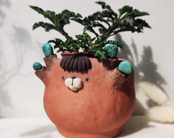 Blu the planter. handmade pot with turquoise ears. Cactus and succulent pot Cute indoor/outdoor planter.