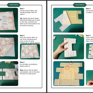 K&ouml;nnte beinhalten: Eine N&auml;hanleitung-Infografik mit dem Titel Panchagig, die f&uuml;nf Schritte mit Fotos zeigt. Zu sehen sind blumige und gelb karierte Stoffst&uuml;cke, ein Papierschnittmuster mit der Aufschrift SA, Stepparbeiten, Zuschnitt und Markierungen.