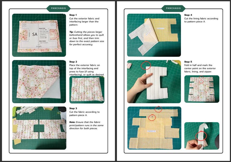 K&ouml;nnte beinhalten: Eine N&auml;hanleitung-Infografik mit dem Titel Panchagig, die f&uuml;nf Schritte mit Fotos zeigt. Zu sehen sind blumige und gelb karierte Stoffst&uuml;cke, ein Papierschnittmuster mit der Aufschrift SA, Stepparbeiten, Zuschnitt und Markierungen.