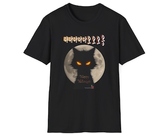 May include: Black t-shirt featuring a Halloween design. The graphic includes a black cat silhouette with glowing orange eyes against a full moon. The shirt also has text in a foreign language and the words "Happy Halloween".