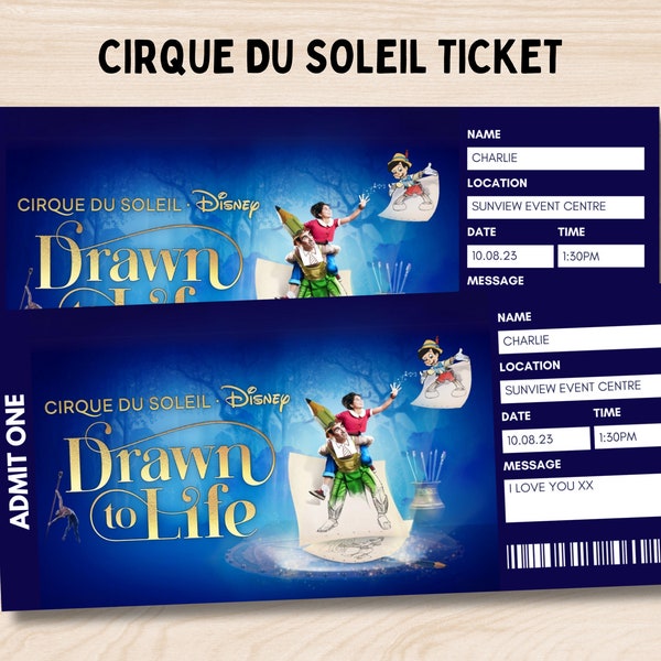 Editable Disney-DRAWN TO LIFE Cirque Du Soleil Surprise Reveal Gift Template. Drawn To Life-Cirque Keepsake Faux Gift Ticket. Printable