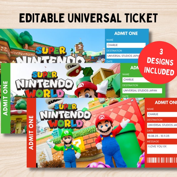 Super Nintendo World, Universal Trip Editable Ticket, Universal Gift Ticket, Super Mario Surprise Universal Studios, Printable Trip Ticket