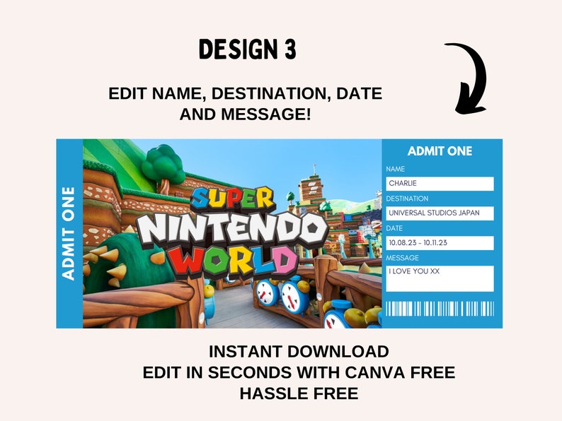 Super Nintendo World, Billet Universal Trip modifiable, Billet cadeau universel, Super Mario Surprise Universal Studios, Billet de voyage imprimable image 5