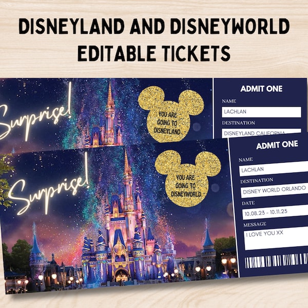 Billet surprise Disneyland, billet Disneyworld, billet modifiable, cadeau de billet surprise, billet Disneyland, billet de parc à thème