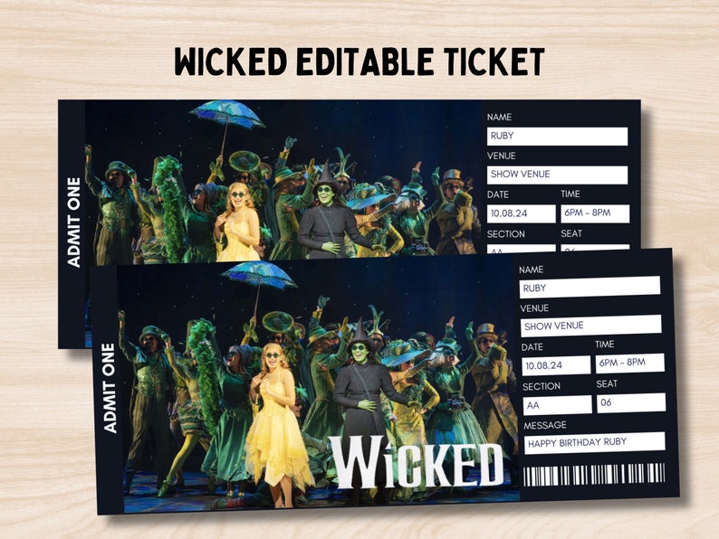 Wicked Broadway Surprise Ticket. Editable Musical Ticket Etsy