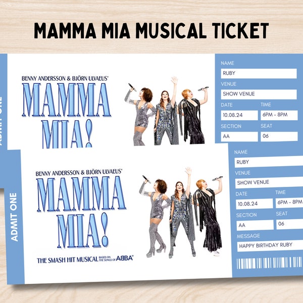 Mamma Mia Broadway Surprise Ticket, Mamma Mia Musical Gift Keepsake Theater Ticket, Editable Musical Show Theatre Souvenir Printable