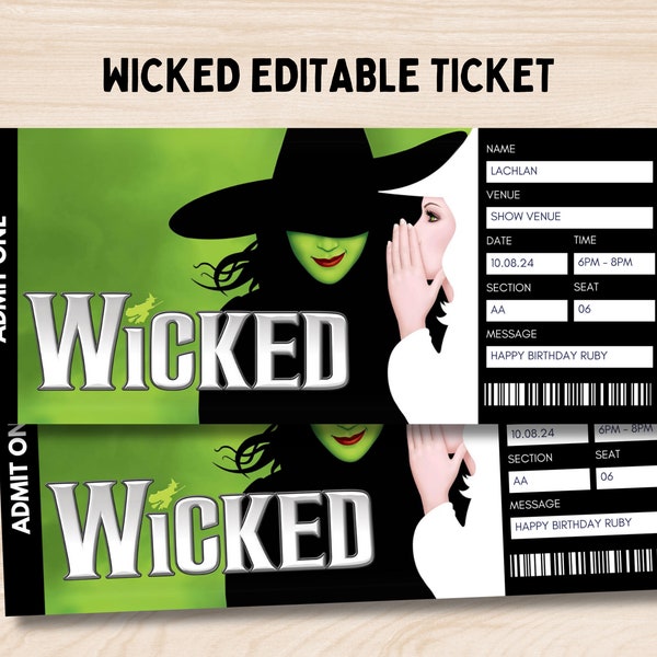 Wicked Broadway Surprise Ticket. Editable Musical Ticket, Broadway Gift, Faux Event Admission Editable Keepsake. Instant Digital Download.