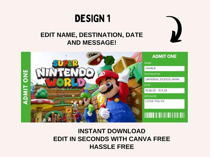 Super Nintendo World, Billet Universal Trip modifiable, Billet cadeau universel, Super Mario Surprise Universal Studios, Billet de voyage imprimable image 3