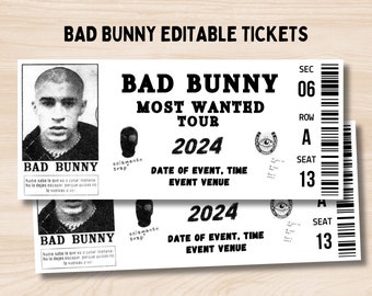 Billet modifiable pour la tournée Bad Bunny Most Wanted, Billet de concert Bad Bunny, Billet imprimable personnalisé, Cadeau de concert, Billet souvenir souvenir