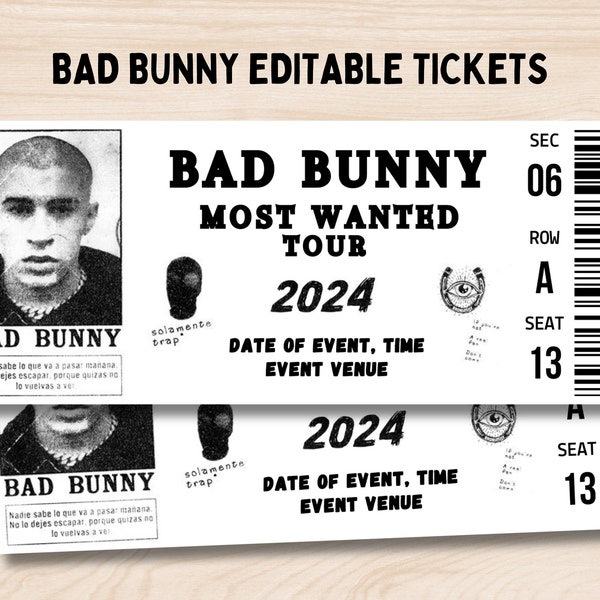 Editable Bad Bunny Most Wanted Tour Ticket, Bad Bunny Concert Ticket, Personalized Printable Ticket, Concert Gift, Ticket Souvenir Keepsake