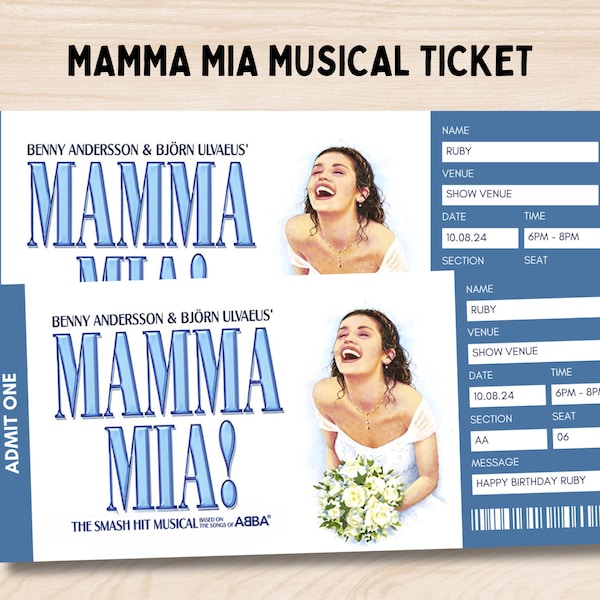 Mamma Mia Broadway Surprise Ticket, Mamma Mia Musical Gift Keepsake Theater Ticket, Editable Musical Show Theatre Souvenir Printable