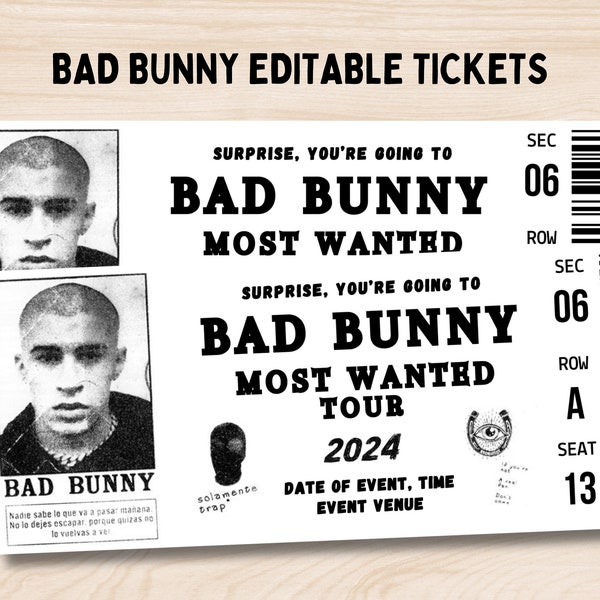 Editable Bad Bunny Most Wanted Tour Ticket, Bad Bunny Concert Ticket, Personalized Printable Ticket, Concert Gift, Ticket Souvenir Keepsake