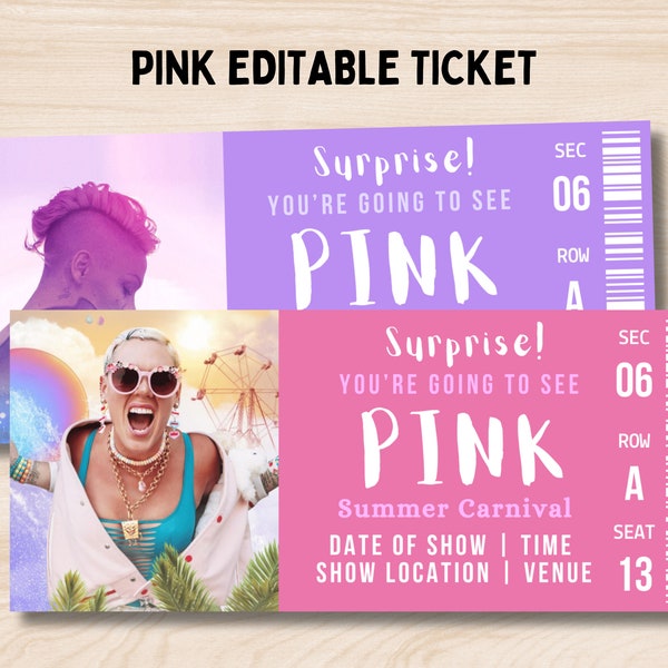 Surprise Pink Concert Tickets, Pink Summer Carnival Tour 2023 /2024 Ticket Stub, Keepsake Ticket Gift, Pink Surprise Ticket Instant Download