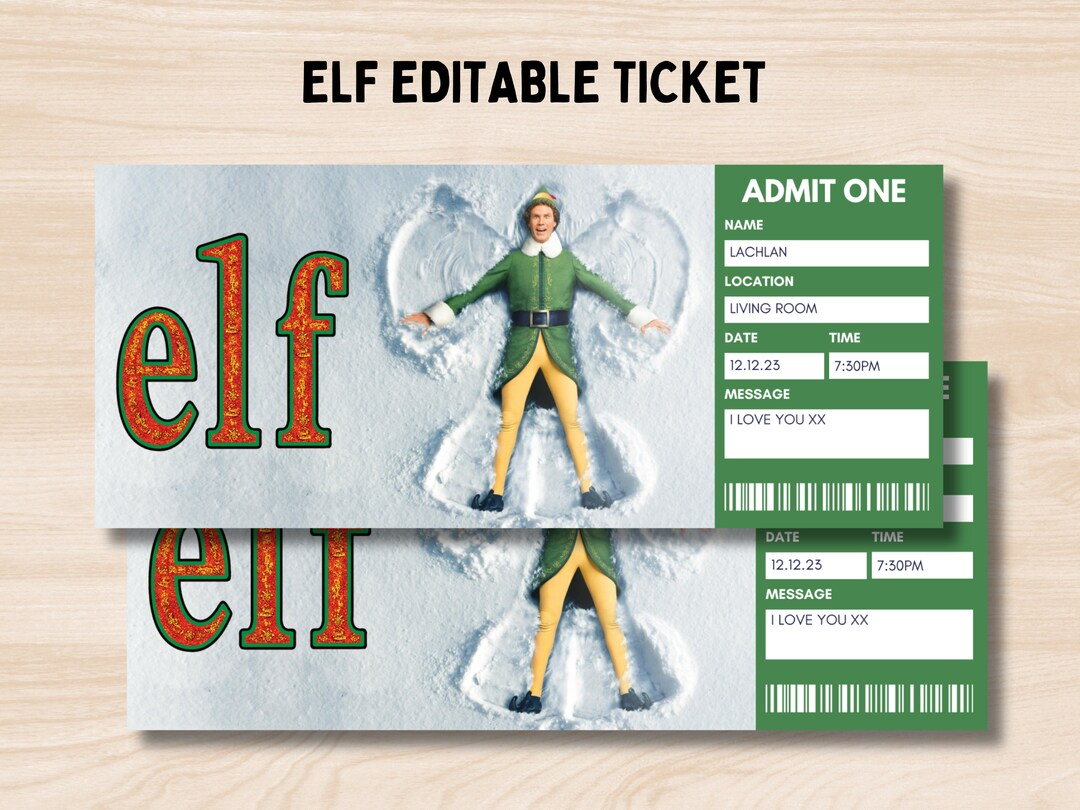 Editable Elf Christmas Movie Night Ticket Invitation, Christmas Gift