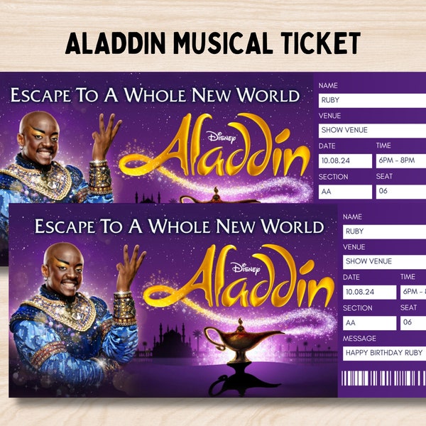 Aladdin Broadway Surprise Ticket, Aladdin the Musical Collectible Theater Ticket, Editable Musical Ticket, Keepsake Theatre Faux