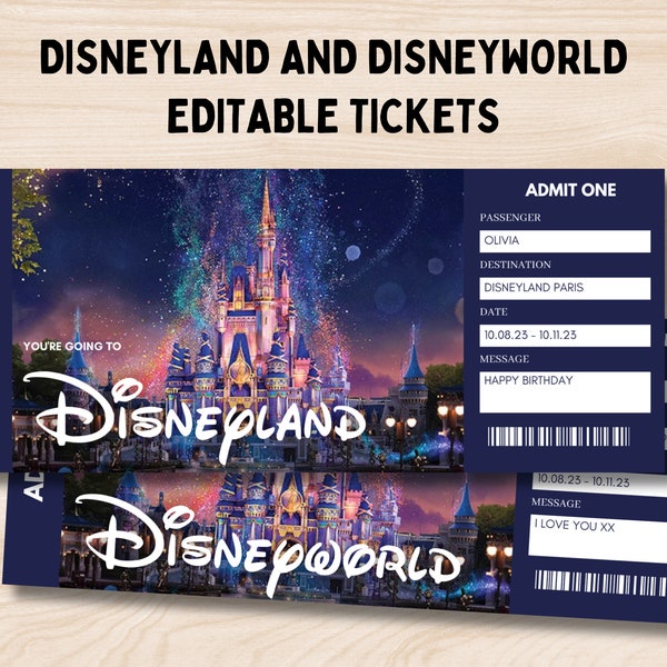 Disneyland Ticket, Disneyworld Ticket, bearbeitbares Ticket, Surprise Reveal Ticket Geschenk, Surprise Disneyland, Theme Park Ticket