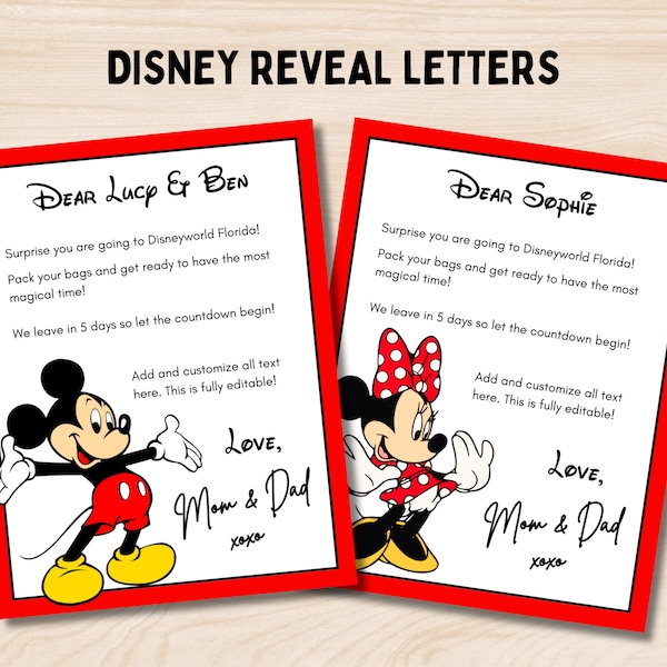 Editable Letters from Mickey and Minnie, Disneyland Reveal, Disneyworld Reveal, Surprise Trip Letter, Theme Park Ticket