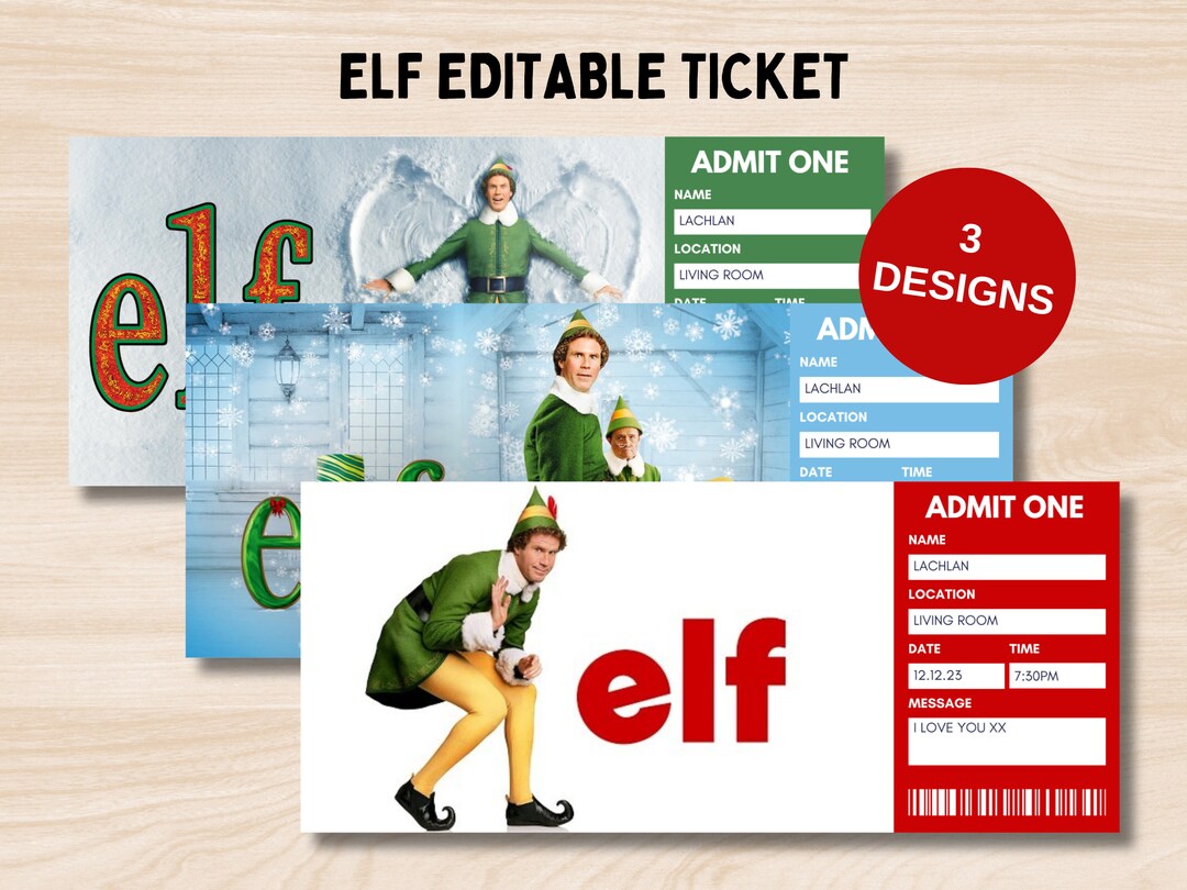 Editable Elf Christmas Movie Night Ticket Invitation, Christmas Gift