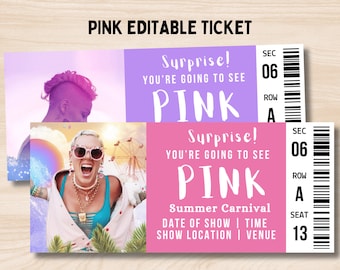 Surprise Pink Concert Tickets, Pink Summer Carnival Tour 2023 /2024 Ticket Stub, Keepsake Ticket Gift, Pink Surprise Ticket Instant Download