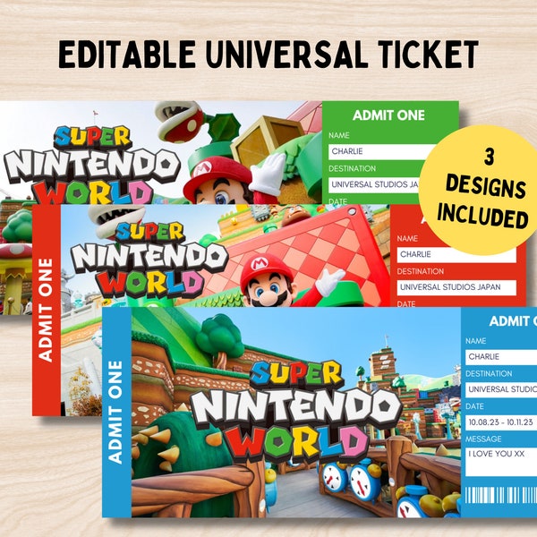 Super Nintendo World, Universal Trip Editable Ticket, Universal Gift Ticket, Super Mario Surprise Universal Studios, Printable Trip Ticket