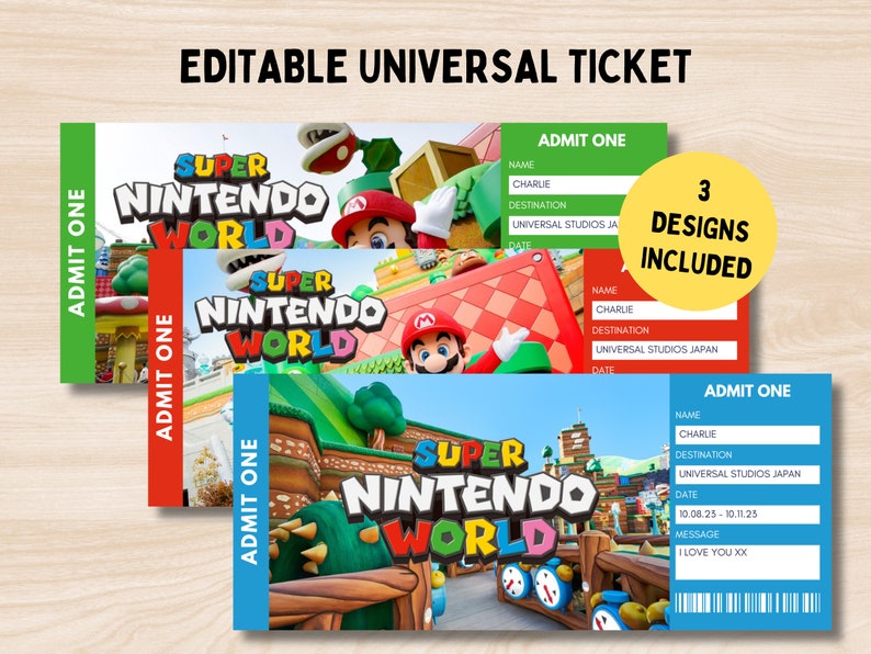 Super Nintendo World, Billet Universal Trip modifiable, Billet cadeau universel, Super Mario Surprise Universal Studios, Billet de voyage imprimable image 1