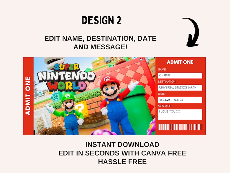 Super Nintendo World, Billet Universal Trip modifiable, Billet cadeau universel, Super Mario Surprise Universal Studios, Billet de voyage imprimable image 4