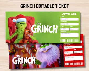 The GRINCH Surprise Reveal Editable Ticket, Christmas Gift Template. Grinch Movie. Broadway GRINCH Musical. Dr. Seuss's Christmas Ticket