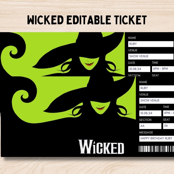 Wicked Broadway Surprise Ticket. Editable Musical Ticket, Broadway Gift, Faux Event Admission Editable Keepsake. Instant Digital Download.