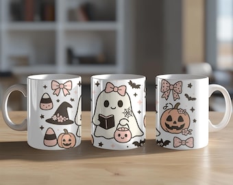 Pastel Halloween Ghost Mug , Cute Kawaii Pumpkin Coffee Cup , Cozy Fall Spooky Season Coffee or tea mug