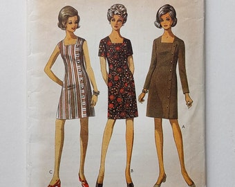 1960s Vintage Mod Dress Sewing Pattern, 60s Asymmetrical Button-up Mini Dress, Square Neckline Dress Style 2469 Sewing Pattern, Bust 36