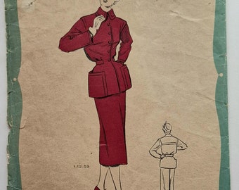 May include: A vintage sewing pattern for a red skirt suit. The pattern is from Les Patrons Favoris, Série Mode, and is size 44. The price is 60 FR. The pattern features a woman wearing the suit, and a back view of the suit.