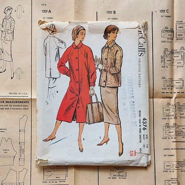 Vintage 1950s Coat Sewing Pattern, Winter Coat in Three Lengths 50s Straight Loose-Fit Jacket Coat Dressmaking Pattern McCalls 4376, Bust 34