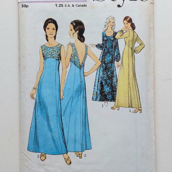 70s Vintage Maxi Dress Sewing Pattern, Style 3923 Pattern, 1970s Boho Evening Dress, V Back, Scoop or Boat Neck Dress,  Size 14, Bust 36